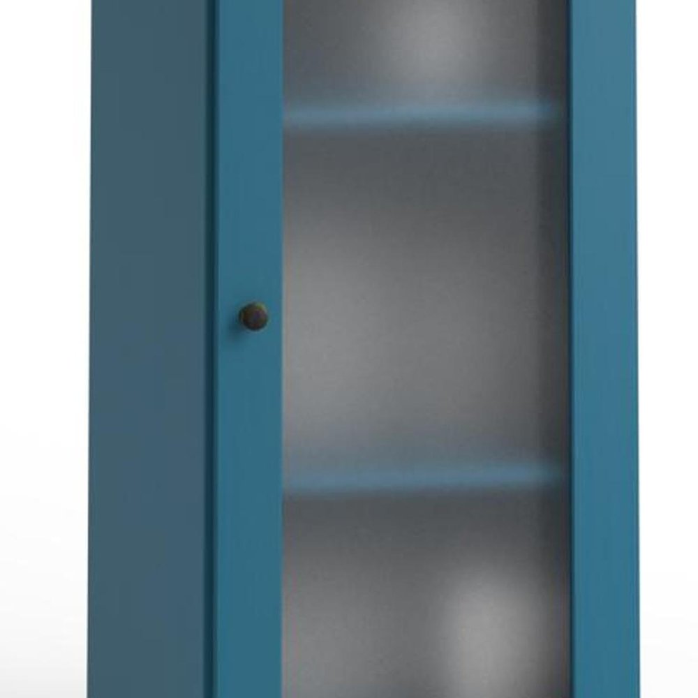 17" Teal Blue Solid Wood Glass Panel Inlay Double Door Linen Cabinet