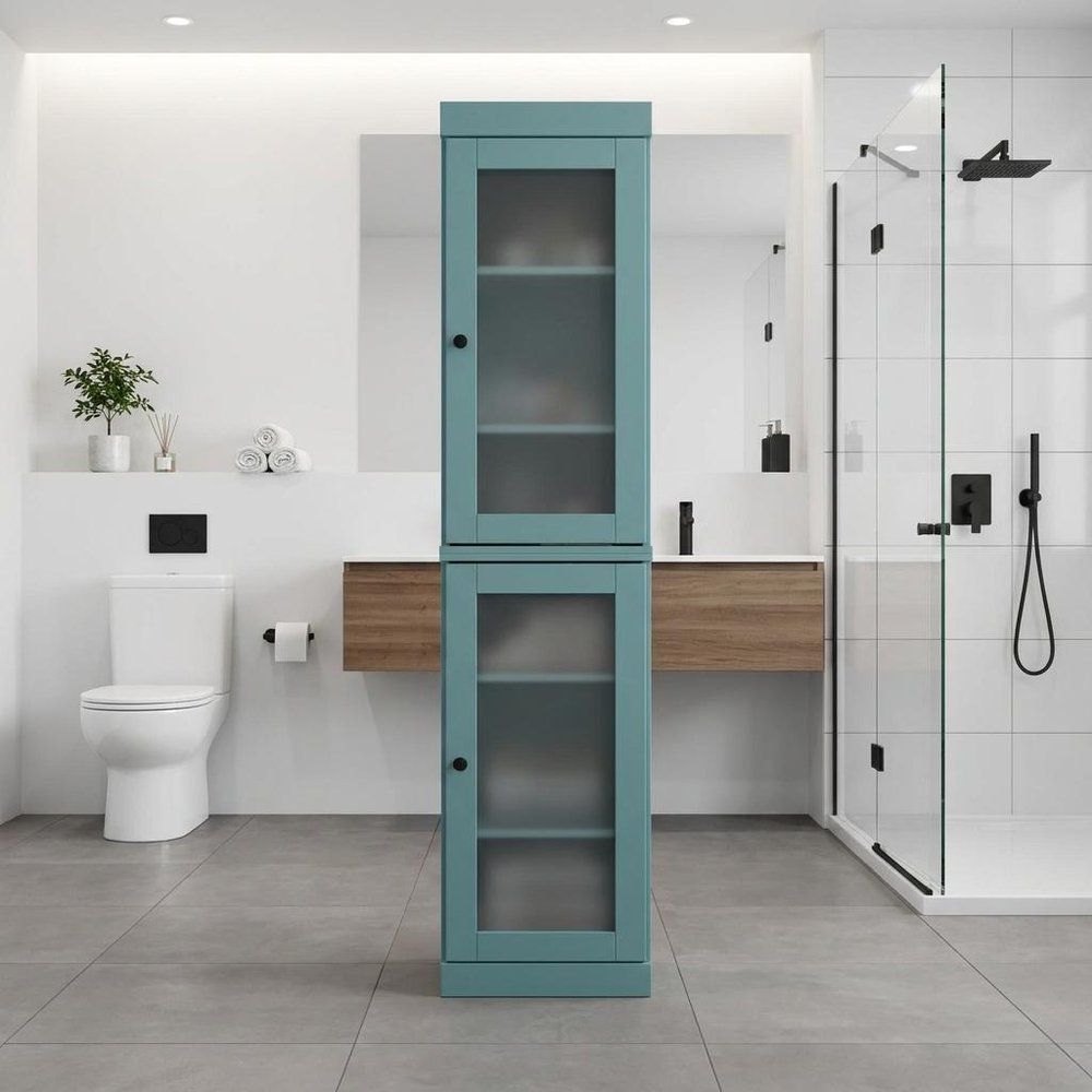 17" Aqua Solid Wood Glass Panel Inlay Double Door Linen Cabinet