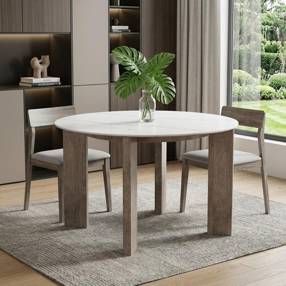 48" White Sintered Stone And Aluminum Round Top Dining Table
