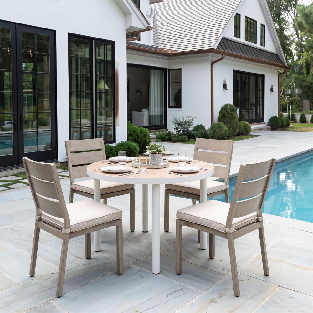 Set of Two Gray And Natural Slipcovered Olefin And Aluminum Slat Back Dining Side Chairs