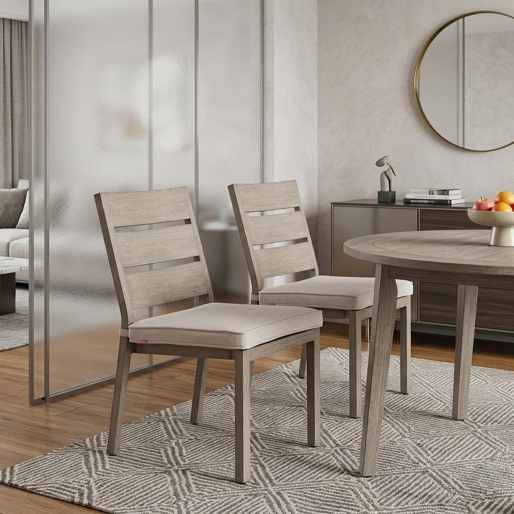 Set of Two Gray And Natural Slipcovered Olefin And Aluminum Slat Back Dining Side Chairs