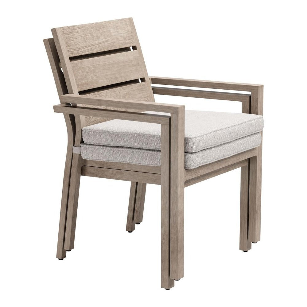 Set of Two Gray And Natural Slipcovered Olefin And Aluminum Slat Back Dining Arm Chairs