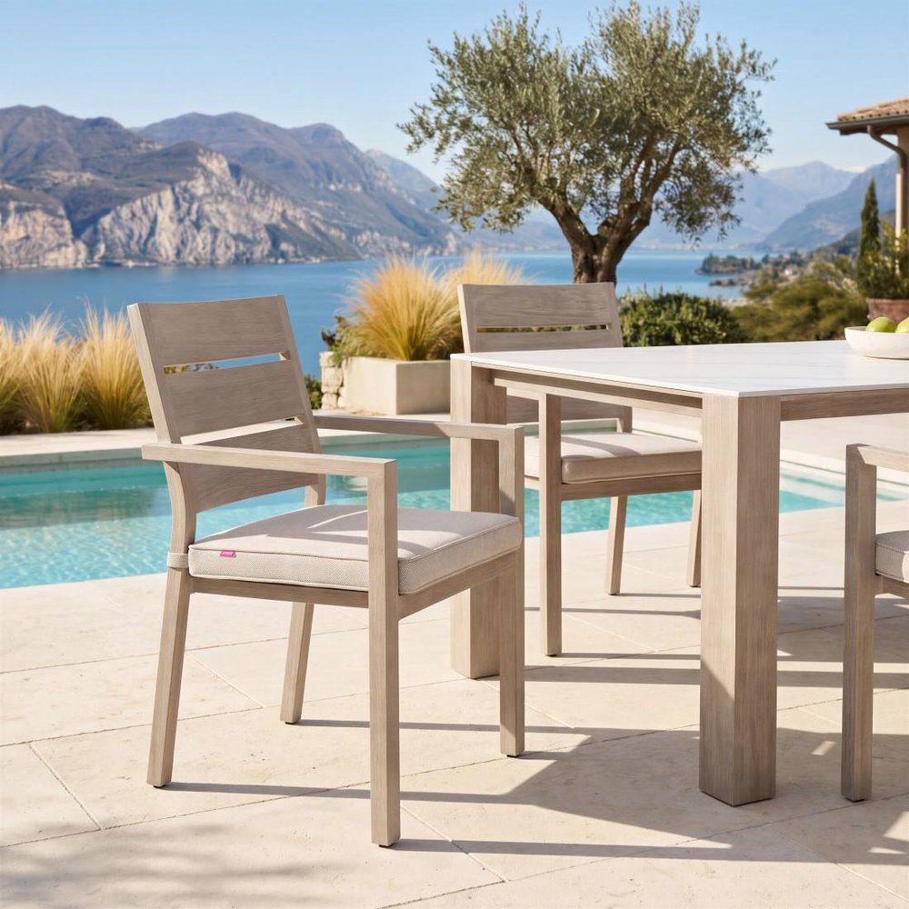 Set of Two Gray And Natural Slipcovered Olefin And Aluminum Slat Back Dining Arm Chairs