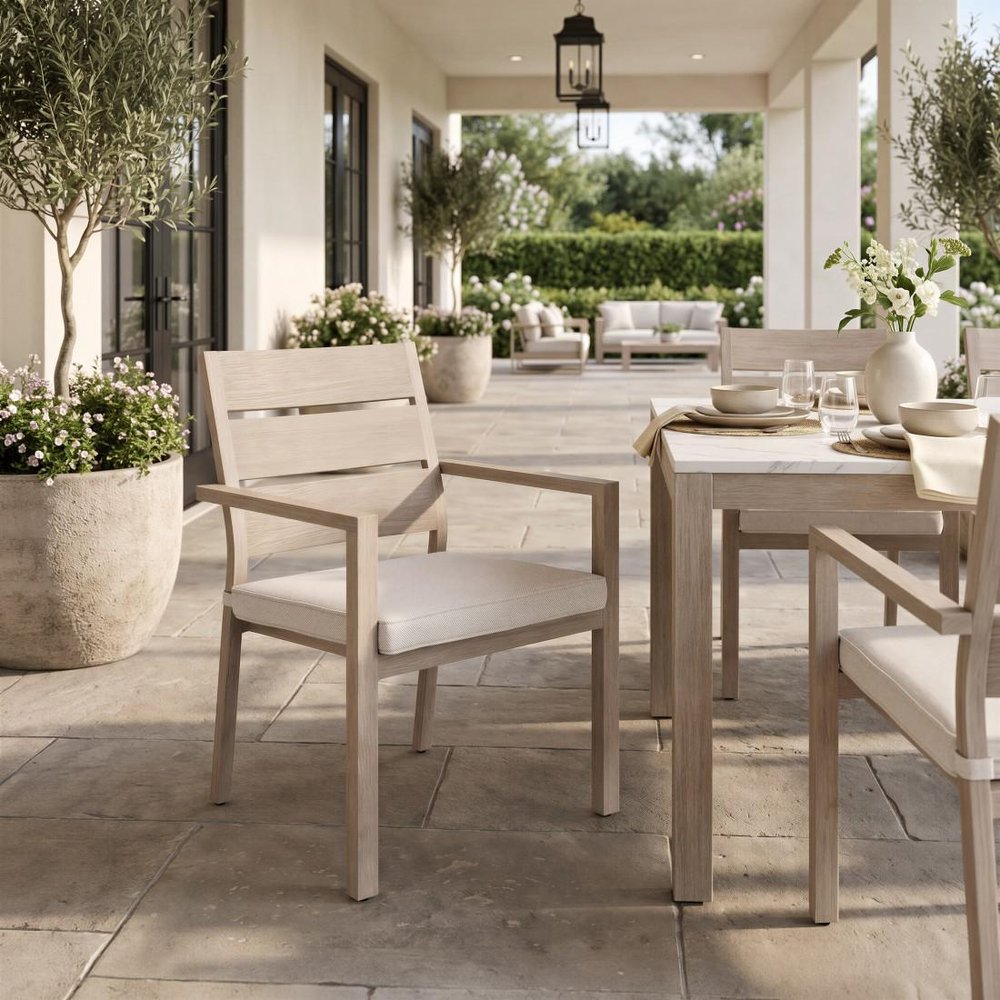 Set of Two Gray And Natural Slipcovered Olefin And Aluminum Slat Back Dining Arm Chairs