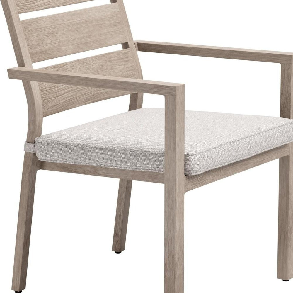 Set of Two Gray And Natural Slipcovered Olefin And Aluminum Slat Back Dining Arm Chairs