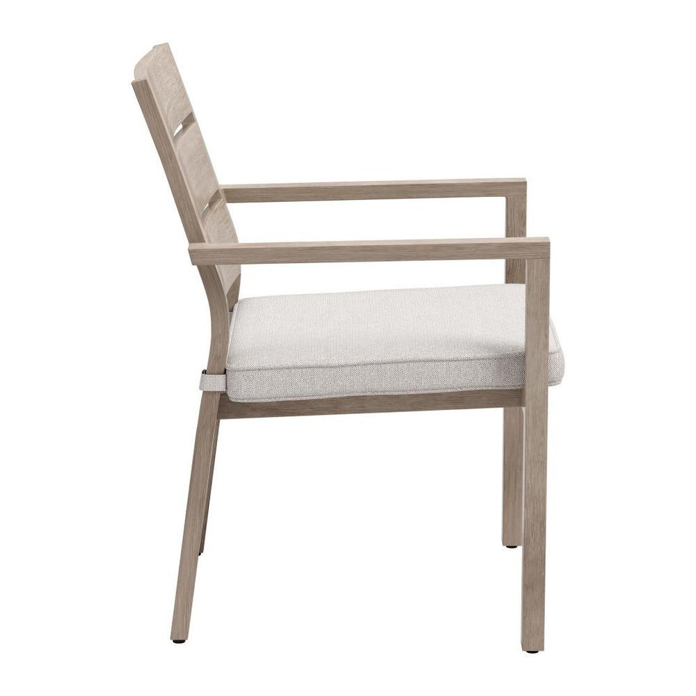 Set of Two Gray And Natural Slipcovered Olefin And Aluminum Slat Back Dining Arm Chairs