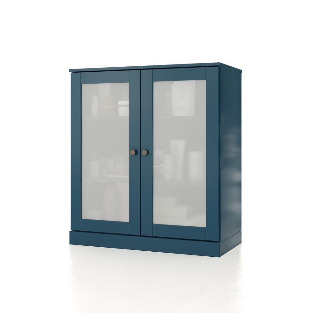 32" Teal Blue Solid Wood Glass Panel Inlay Double Door Linen Cabinet