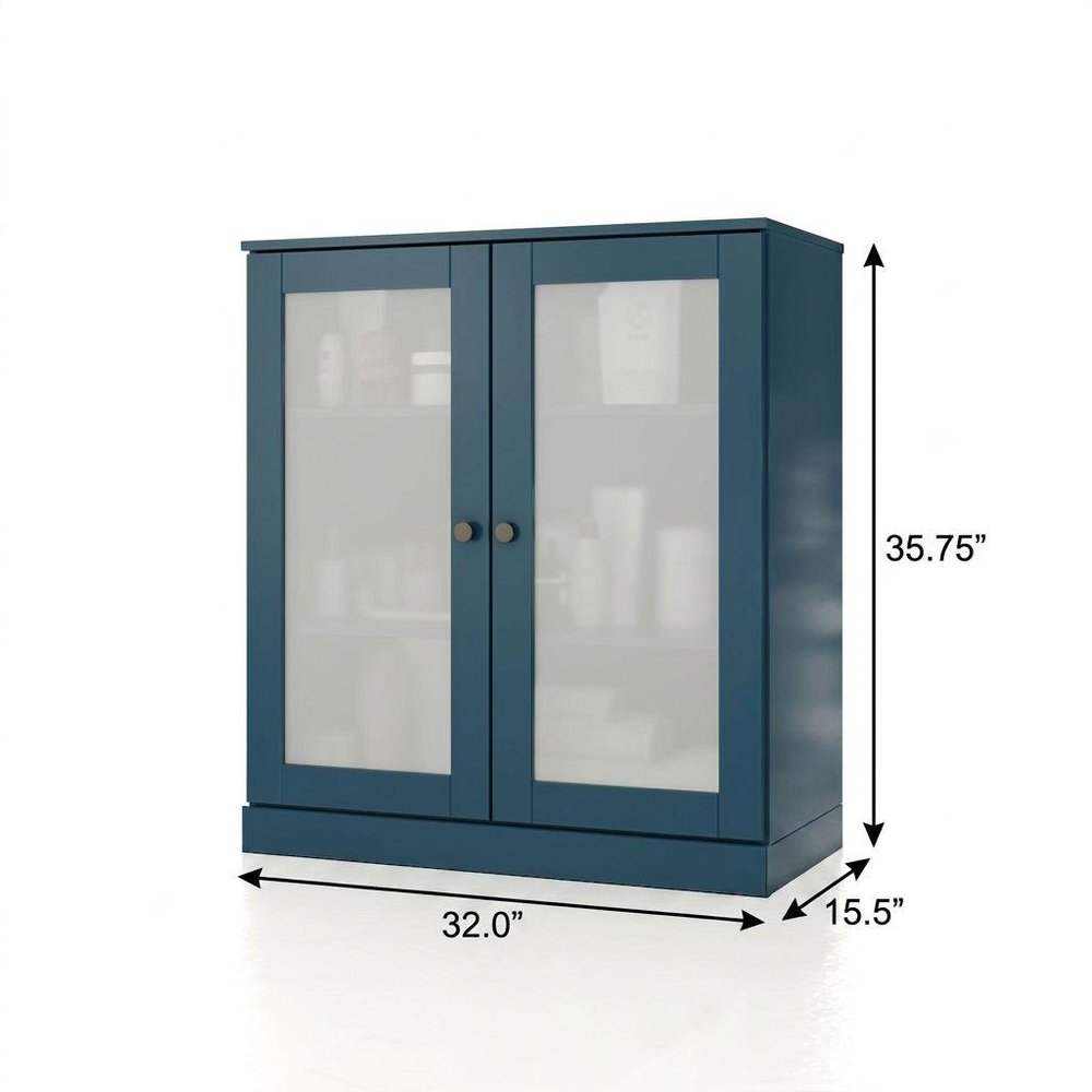 32" Teal Blue Solid Wood Glass Panel Inlay Double Door Linen Cabinet