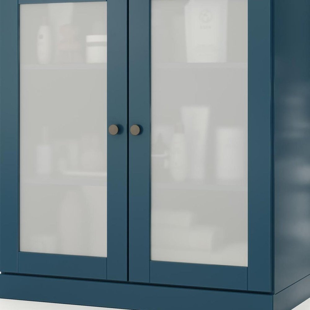 32" Teal Blue Solid Wood Glass Panel Inlay Double Door Linen Cabinet