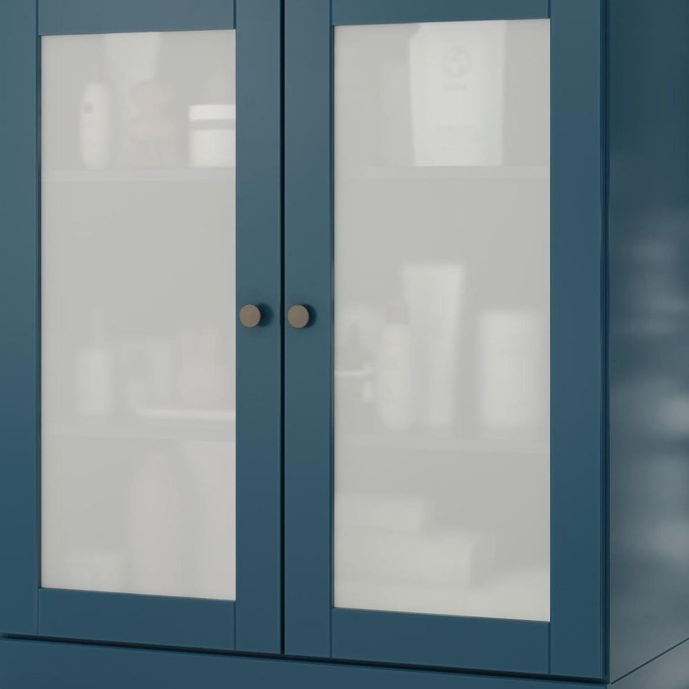 32" Teal Blue Solid Wood Glass Panel Inlay Double Door Linen Cabinet