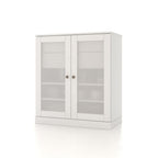 32" White Solid Wood Glass Panel Inlay Double Door Linen Cabinet
