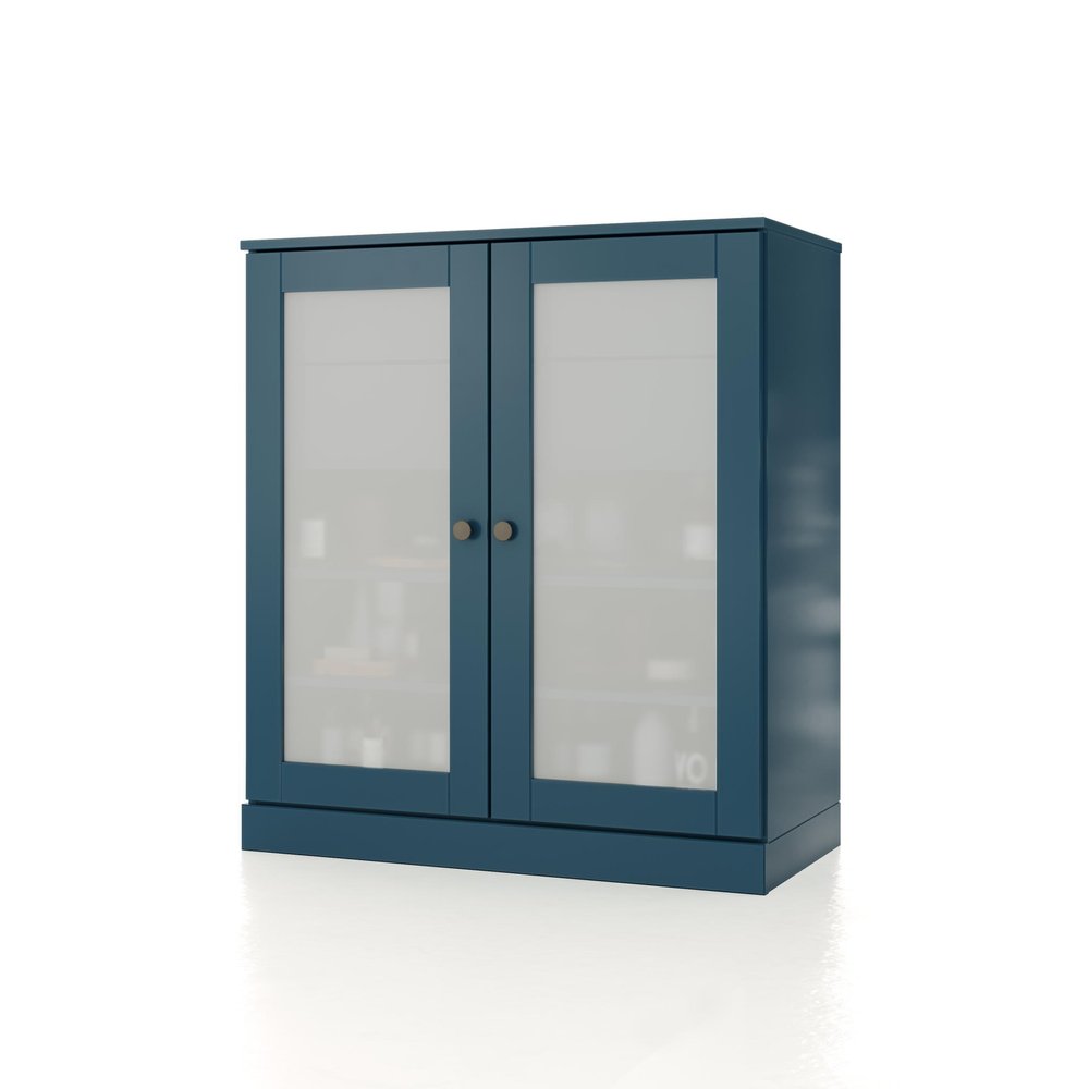 32" Teal Blue Solid Wood Glass Panel Inlay Double Door Linen Cabinet