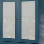 32" Teal Blue Solid Wood Glass Panel Inlay Double Door Linen Cabinet