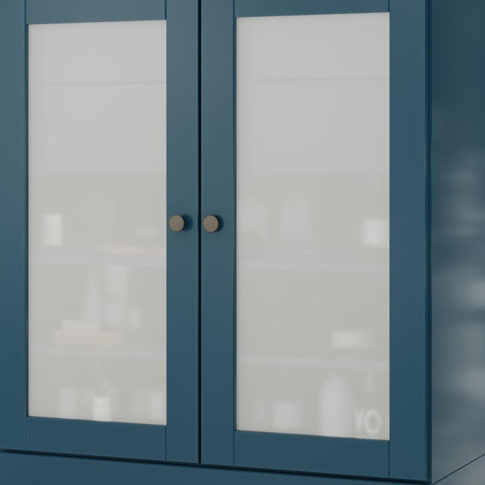32" Teal Blue Solid Wood Glass Panel Inlay Double Door Linen Cabinet