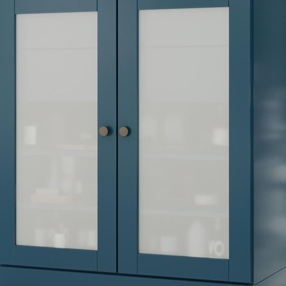 32" Teal Blue Solid Wood Glass Panel Inlay Double Door Linen Cabinet