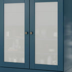 32" Teal Blue Solid Wood Glass Panel Inlay Double Door Linen Cabinet