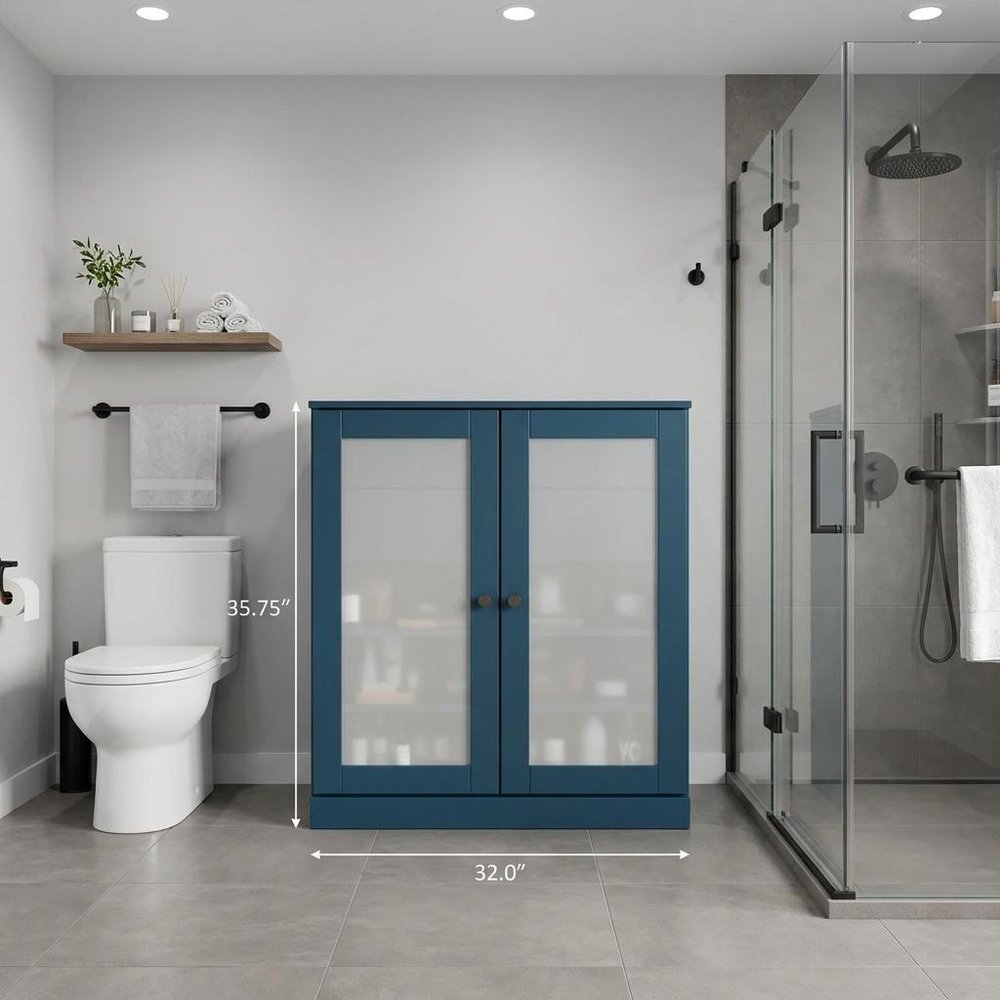32" Teal Blue Solid Wood Glass Panel Inlay Double Door Linen Cabinet