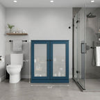 32" Teal Blue Solid Wood Glass Panel Inlay Double Door Linen Cabinet