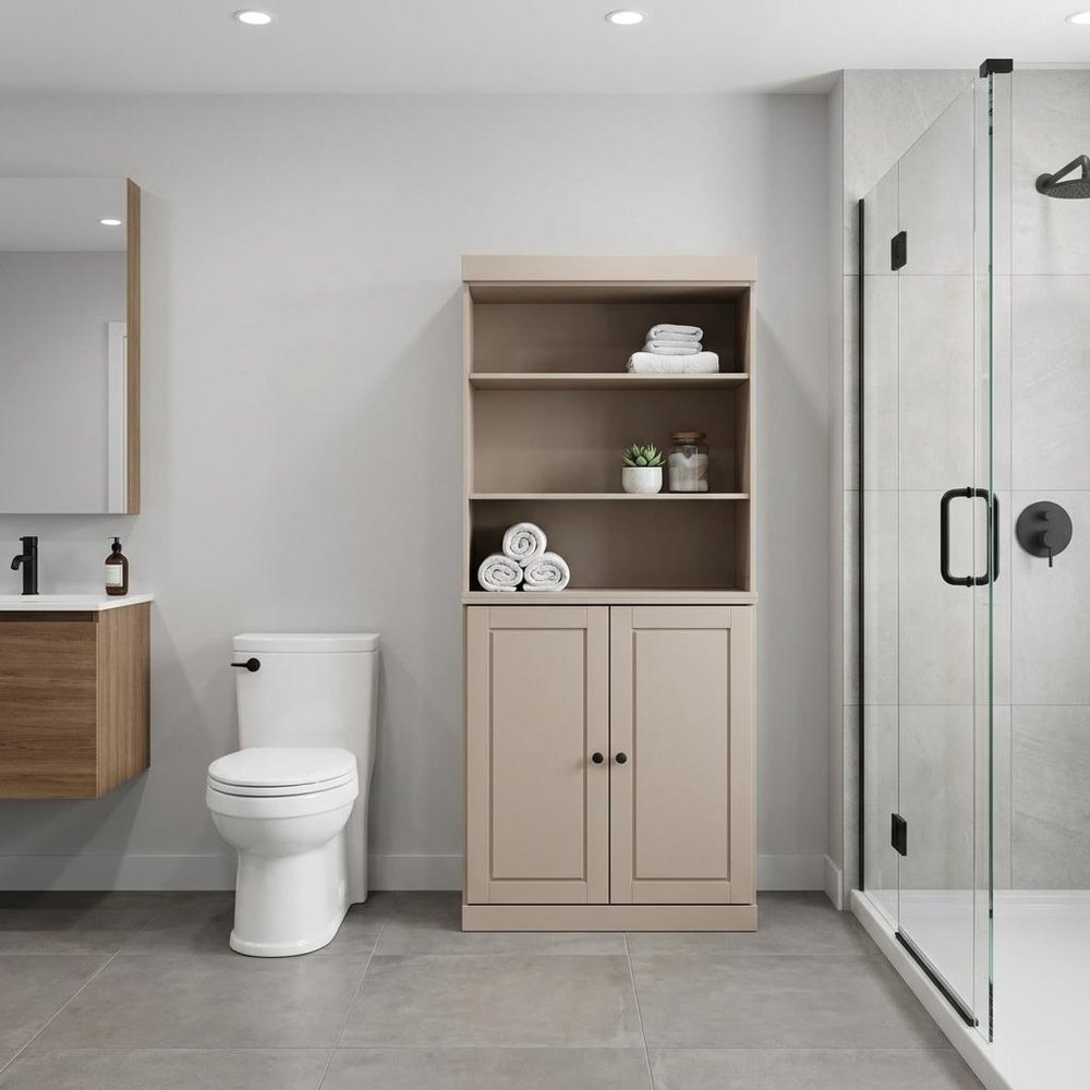 32" Beige Solid Wood Raised Panel Double Door Linen Cabinet