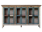 73" Red Brown And Blue Distressed Wood Sideboard With Six Glass Doors
