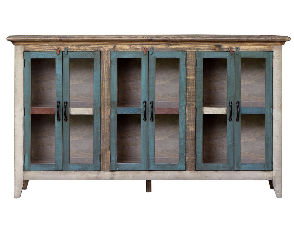 73" Red Brown And Blue Distressed Wood Sideboard With Six Glass Doors