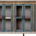 73" Red Brown And Blue Distressed Wood Sideboard With Six Glass Doors