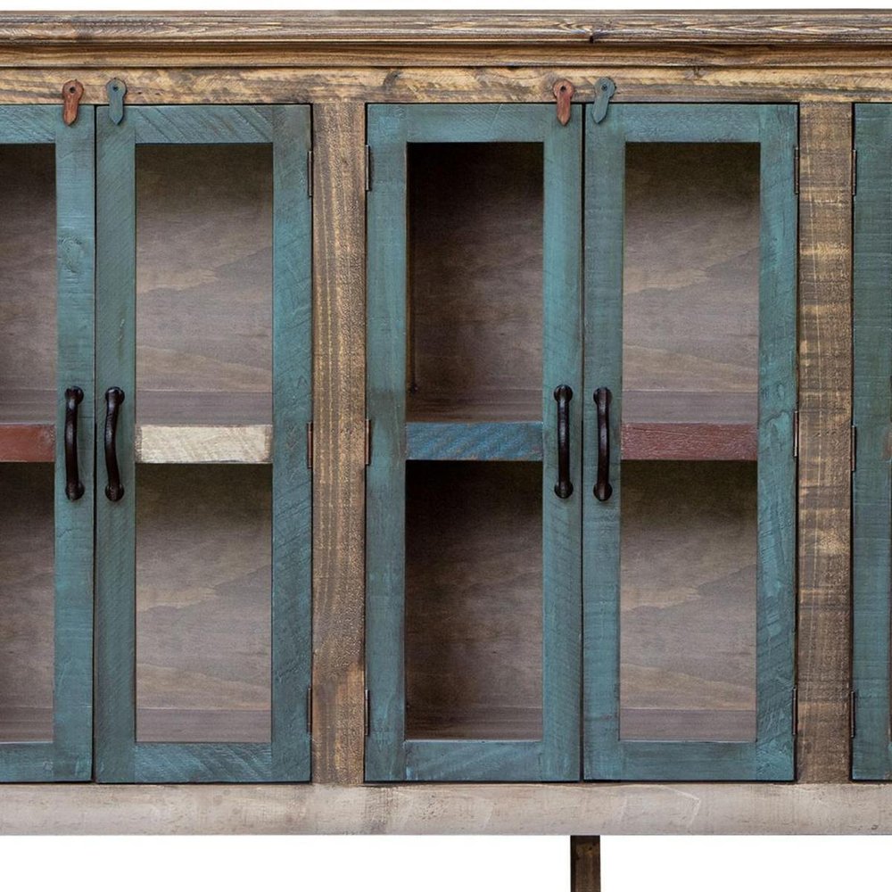 73" Red Brown And Blue Distressed Wood Sideboard With Six Glass Doors