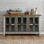 73" Red Brown And Blue Distressed Wood Sideboard With Six Glass Doors