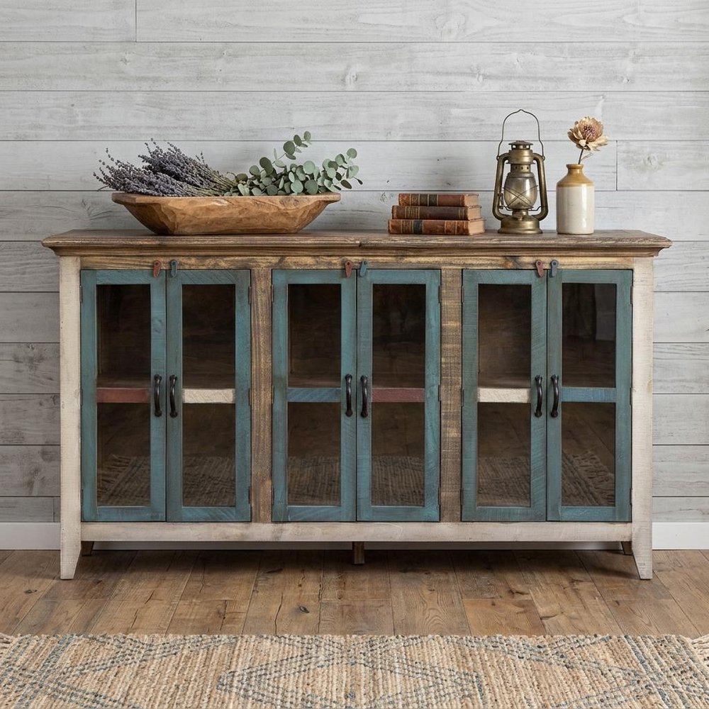 73" Red Brown And Blue Distressed Wood Sideboard With Six Glass Doors