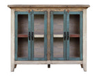 51" Red Brown And Blue Distressed Wood Sideboard With Four Glass Doors