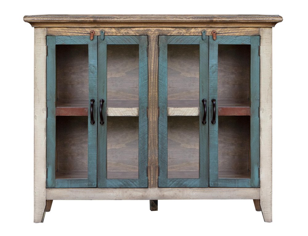 51" Red Brown And Blue Distressed Wood Sideboard With Four Glass Doors