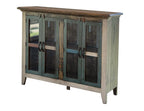 51" Red Brown And Blue Distressed Wood Sideboard With Four Glass Doors