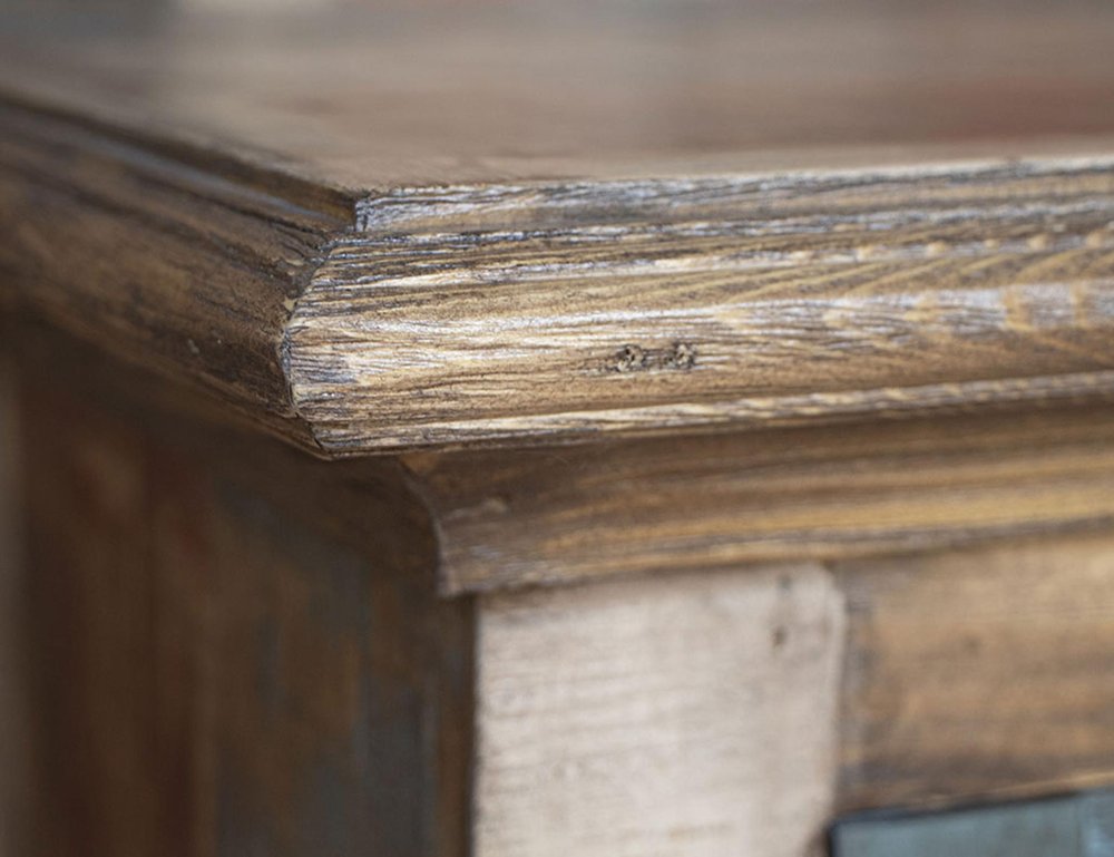 51" Red Brown And Blue Distressed Wood Sideboard With Four Glass Doors