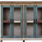 51" Red Brown And Blue Distressed Wood Sideboard With Four Glass Doors
