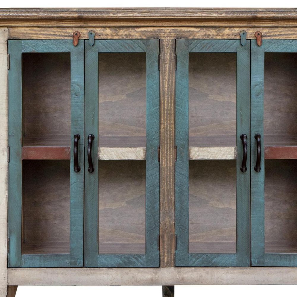 51" Red Brown And Blue Distressed Wood Sideboard With Four Glass Doors