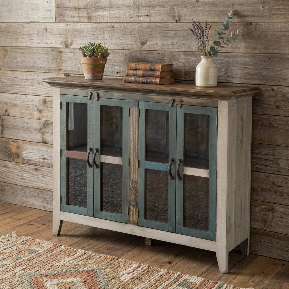 51" Red Brown And Blue Distressed Wood Sideboard With Four Glass Doors