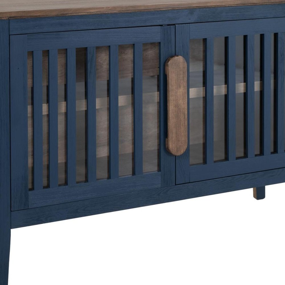 54" Blue And Brown Distressed Wood Sideboard With Two Glass Doors