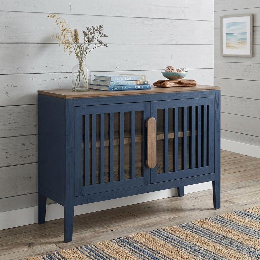 54" Blue And Brown Distressed Wood Sideboard With Two Glass Doors