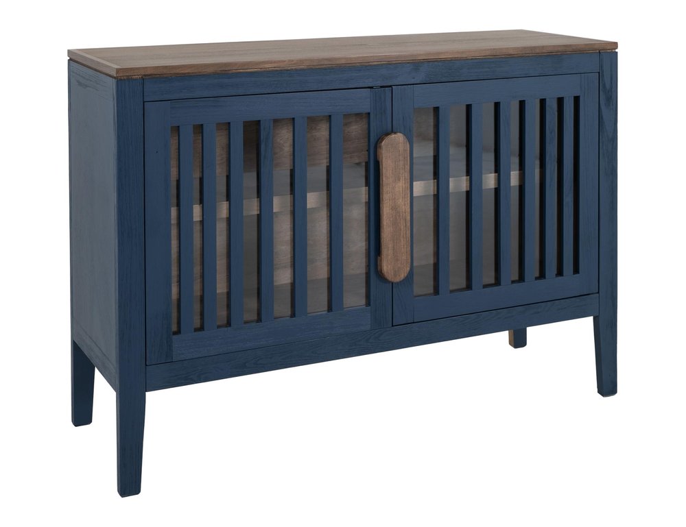 54" Blue And Brown Distressed Wood Sideboard With Two Glass Doors