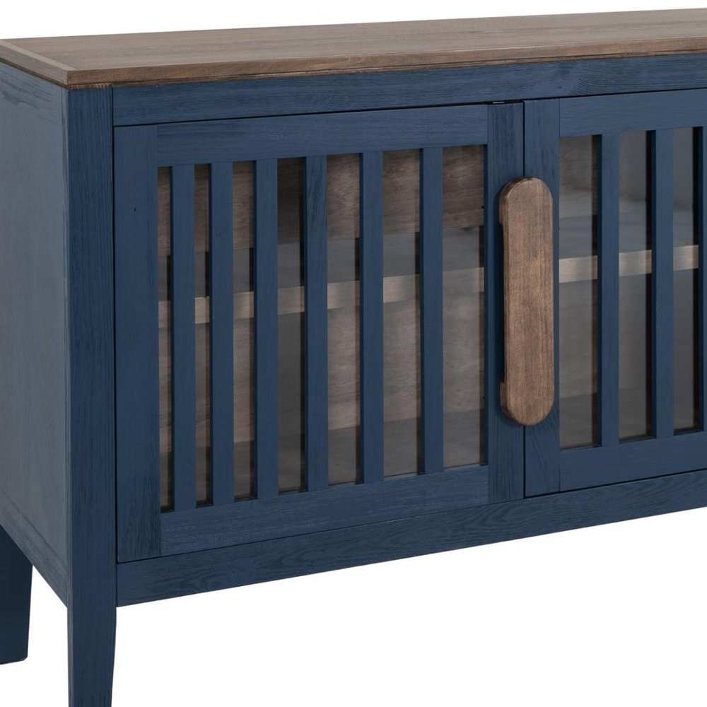 54" Blue And Brown Distressed Wood Sideboard With Two Glass Doors
