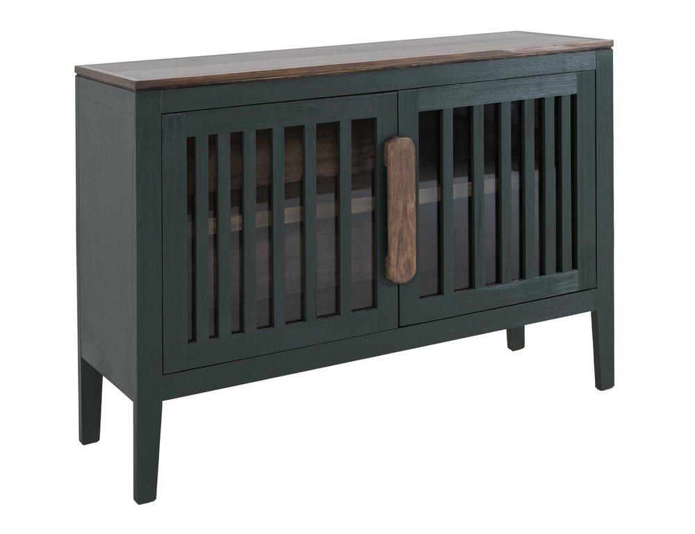 54" Blue And Brown Distressed Wood Sideboard With Two Glass Doors