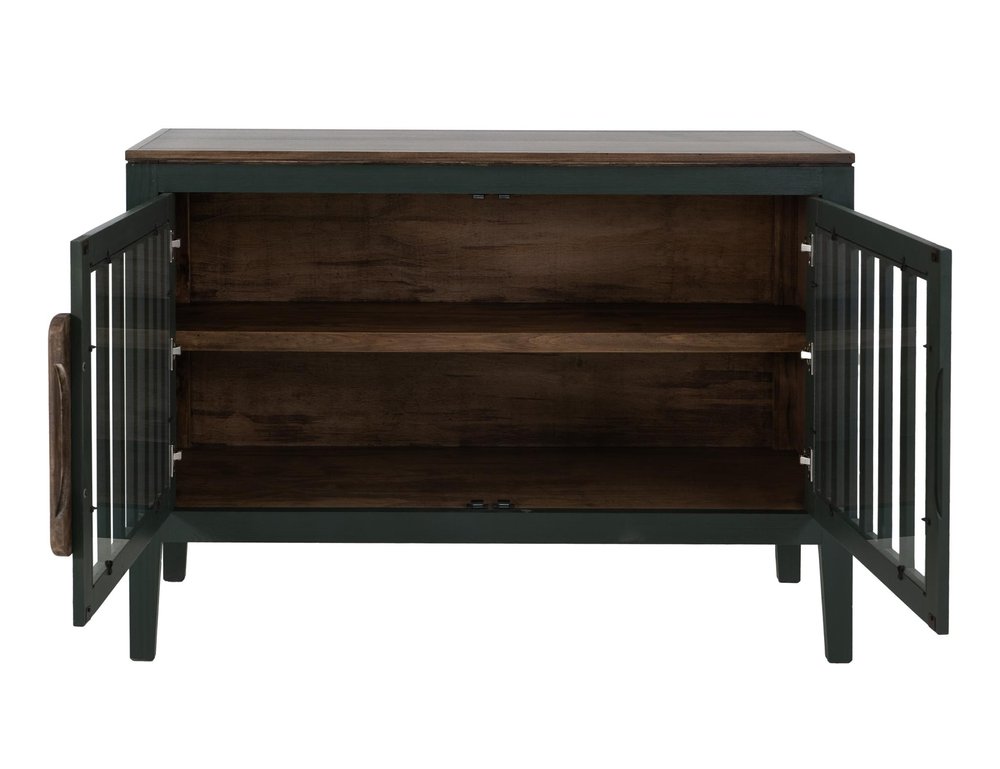 54" Blue And Brown Distressed Wood Sideboard With Two Glass Doors