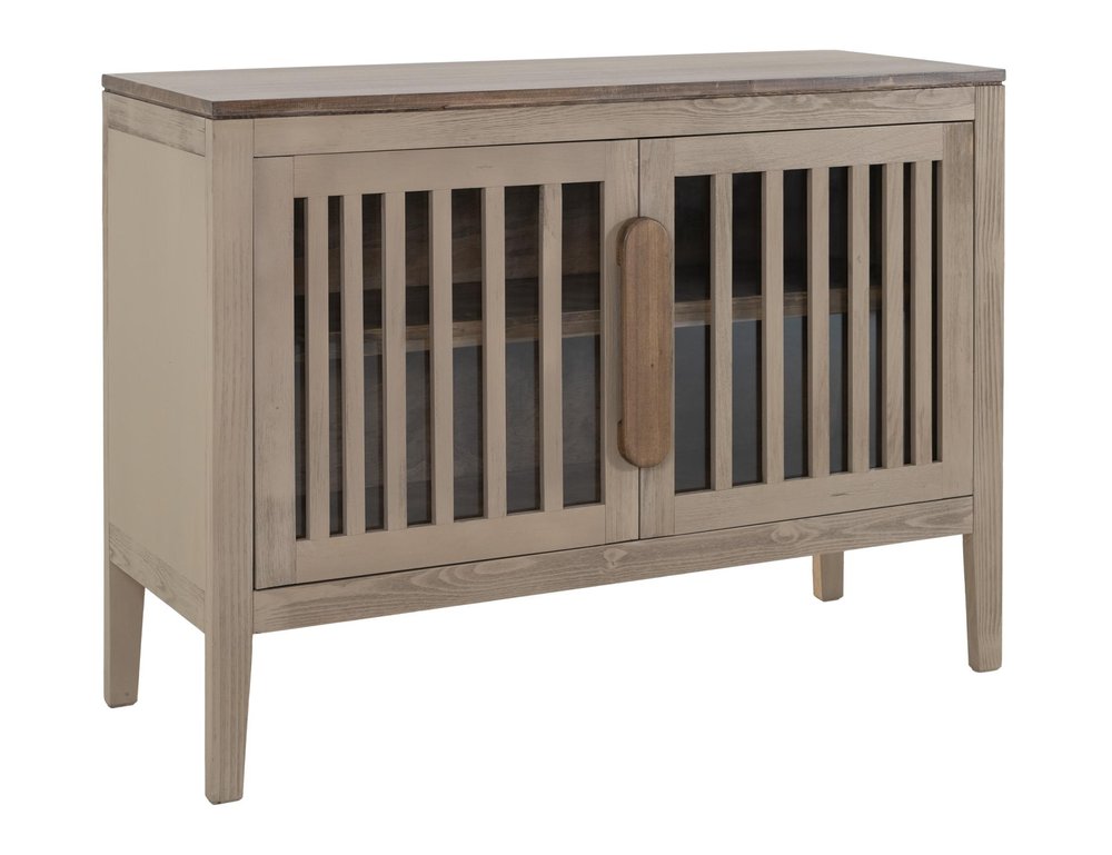 54" Blue And Brown Distressed Wood Sideboard With Two Glass Doors