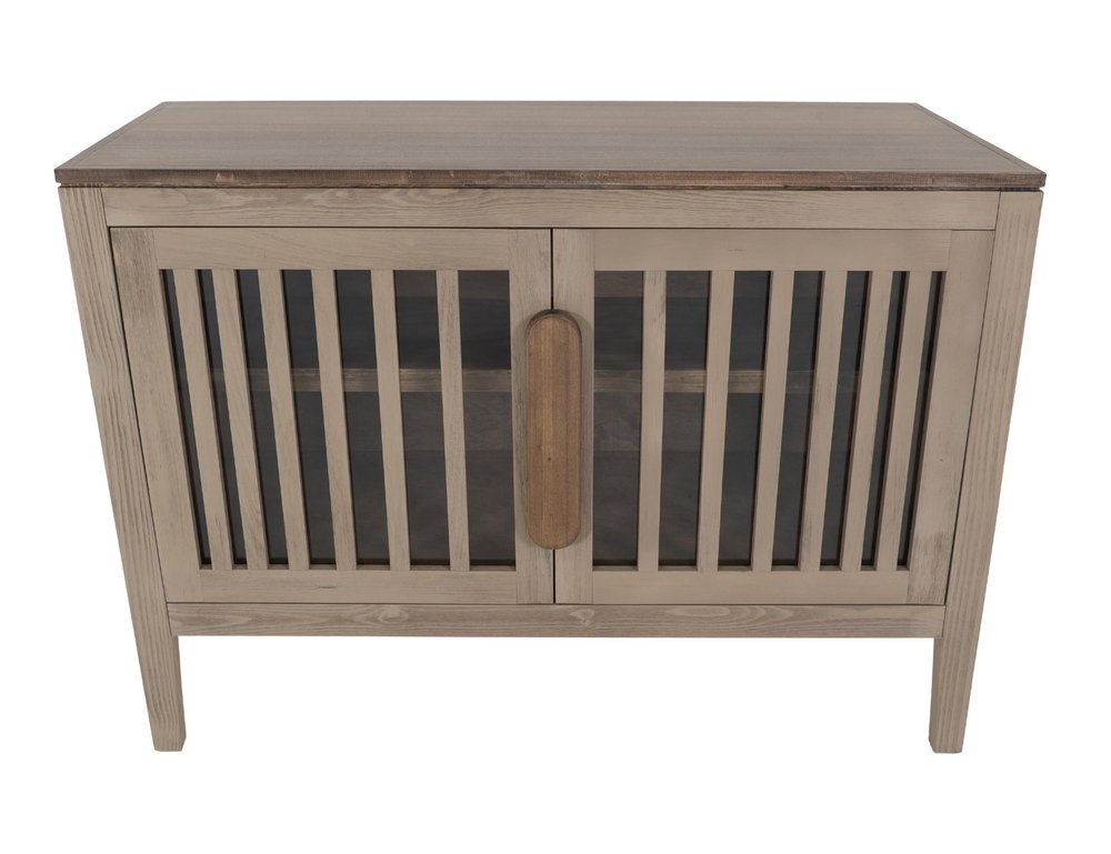 54" Blue And Brown Distressed Wood Sideboard With Two Glass Doors