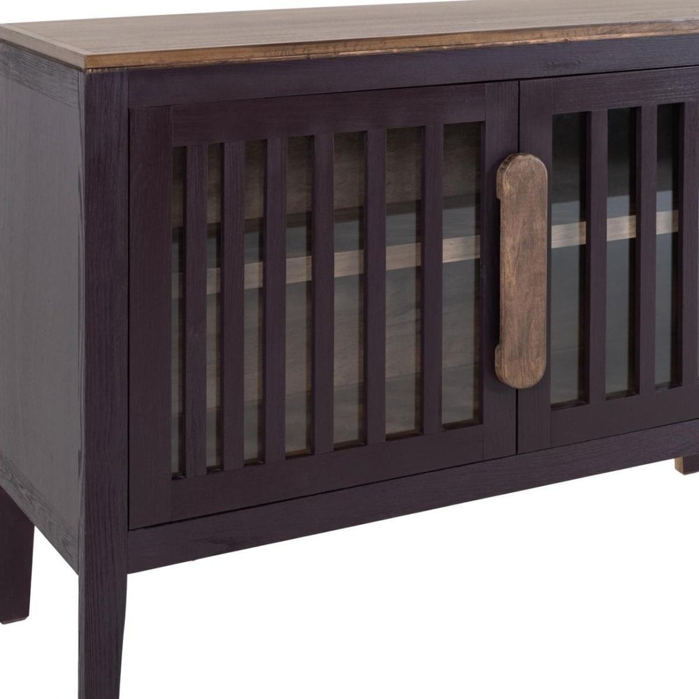 54" Blue And Brown Distressed Wood Sideboard With Two Glass Doors