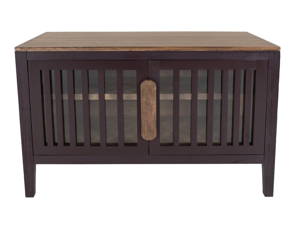 54" Blue And Brown Distressed Wood Sideboard With Two Glass Doors