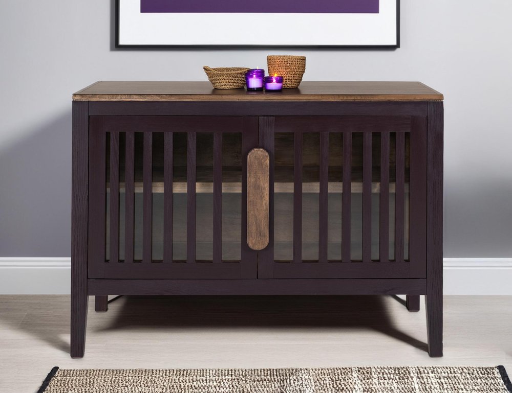 54" Blue And Brown Distressed Wood Sideboard With Two Glass Doors