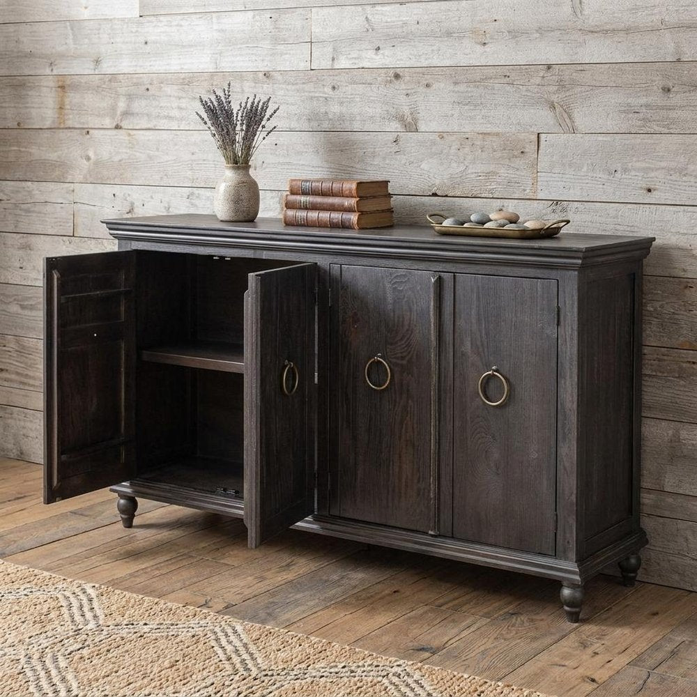 74" Black Distressed Wood Sideboard With Four Doors