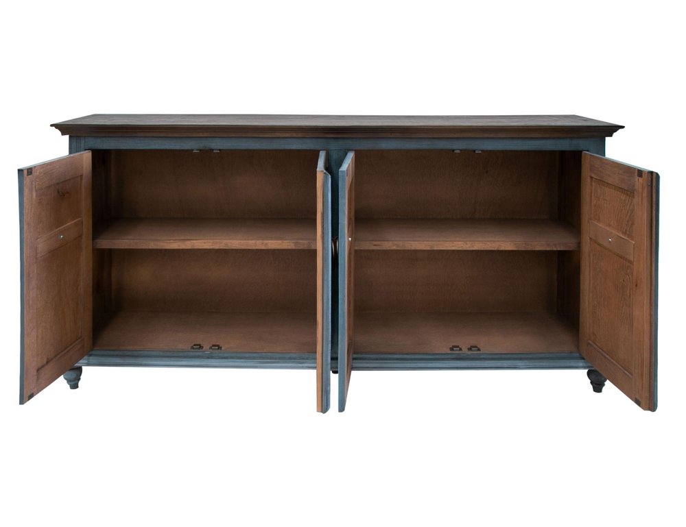 74" Light Blue Sky Blue And Brown Distressed Wood Sideboard With Four Doors