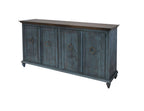 74" Light Blue Sky Blue And Brown Distressed Wood Sideboard With Four Doors